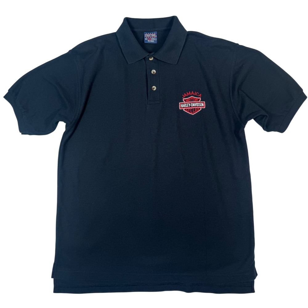 Harley-Davidson Motorcycle Jamaica Men's L Black Polo T-Shirt Embroidered Logo‎